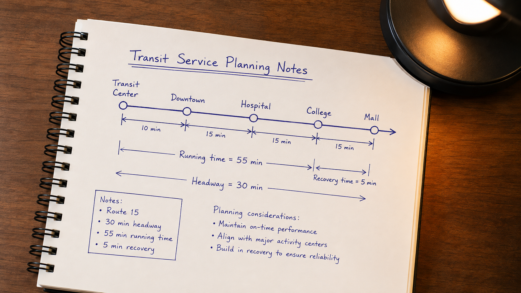 Handwritten transit service planning notes showing route timepoints, running time, headway, and recovery time